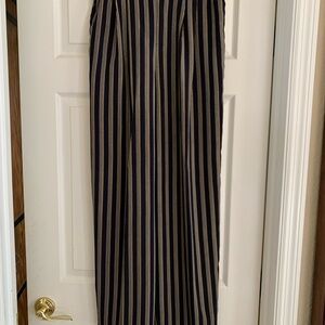 Navy and Yellow Vertical Stripe Wide-Leg Pants